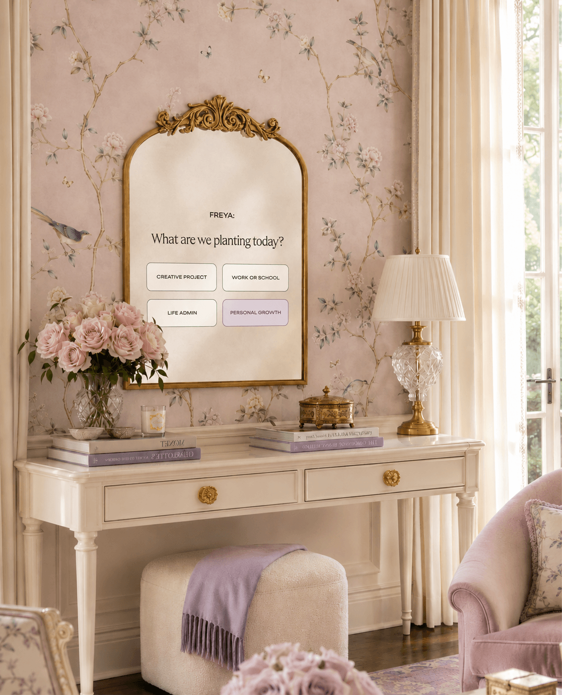 Fleurair mirror mounted over fireplace