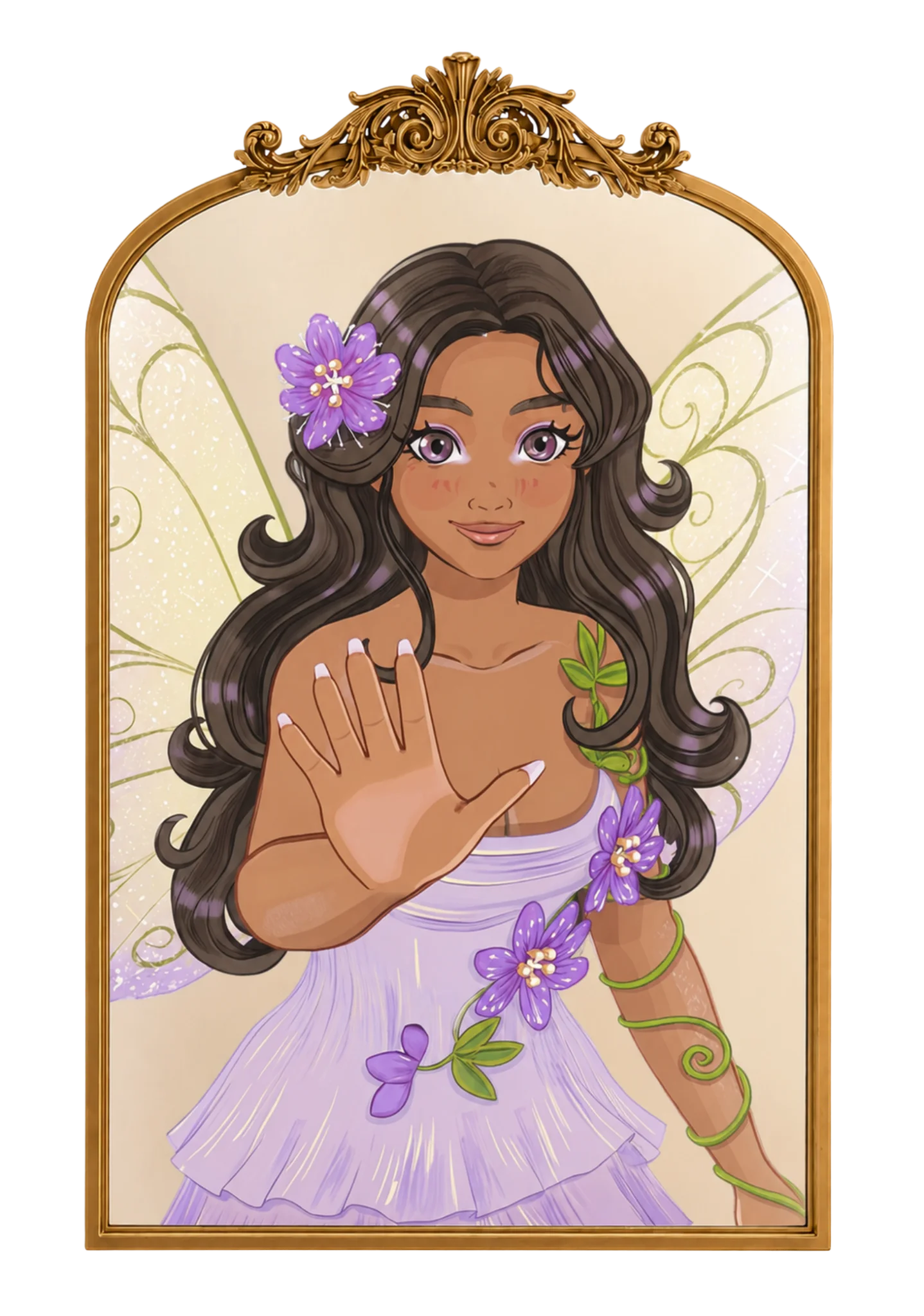 Fleurair smart mirror with ornate gold frame displaying the Floriss Fairy with soft haptic nudge cues and gentle motion indicators.