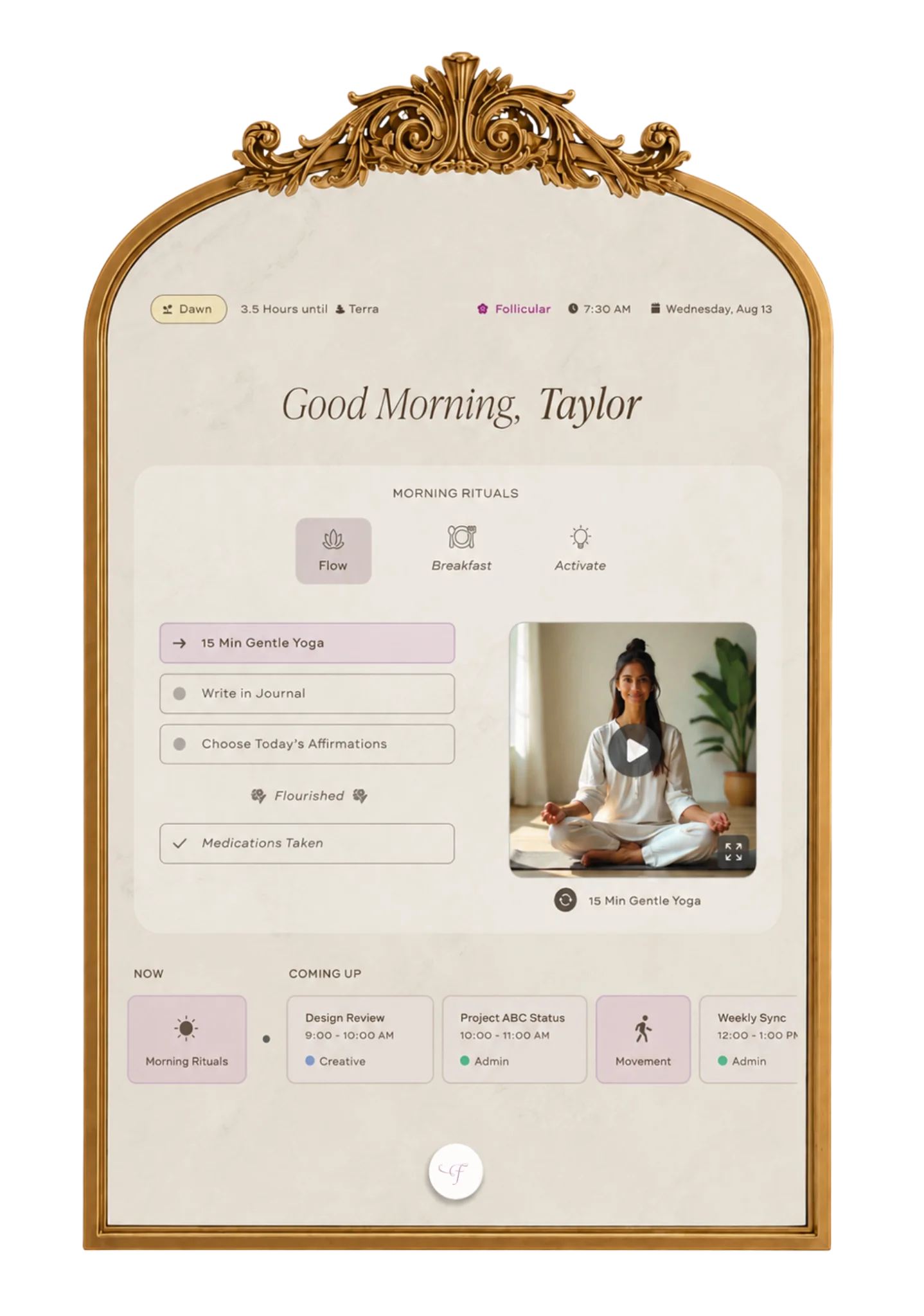 Fleurair smart mirror with ornate gold frame displaying a calming morning ritual dashboard with soft botanical imagery.
