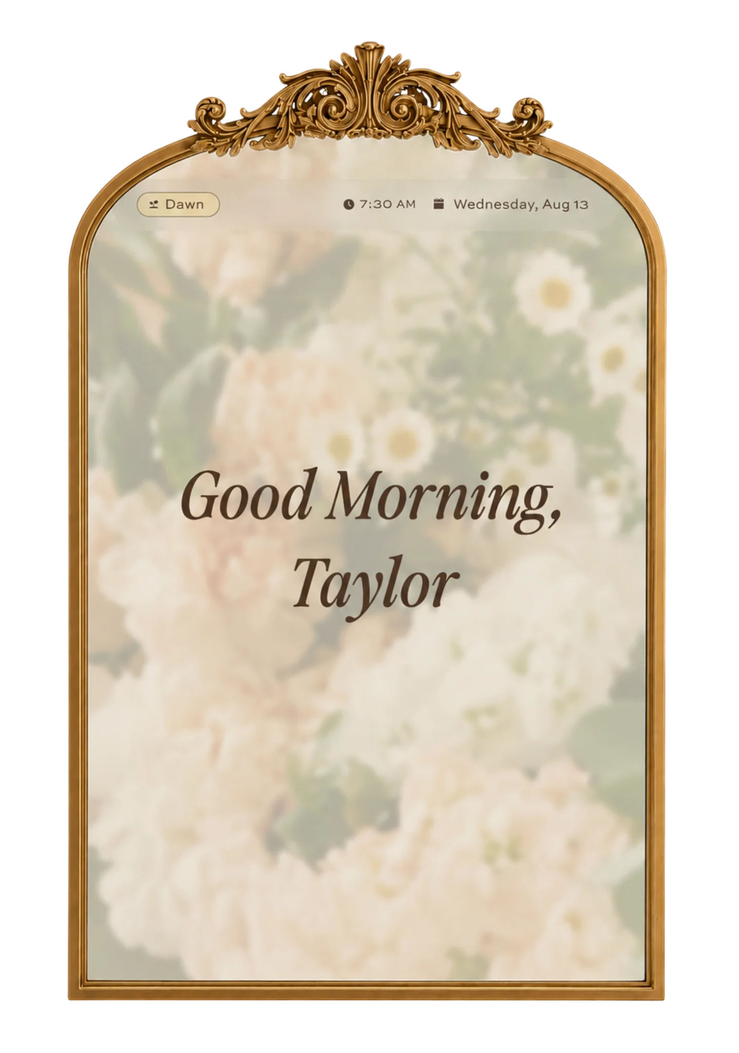 Fleurair smart mirror with ornate gold frame displaying "Good Morning, Taylor" greeting over a softly blurred floral background.