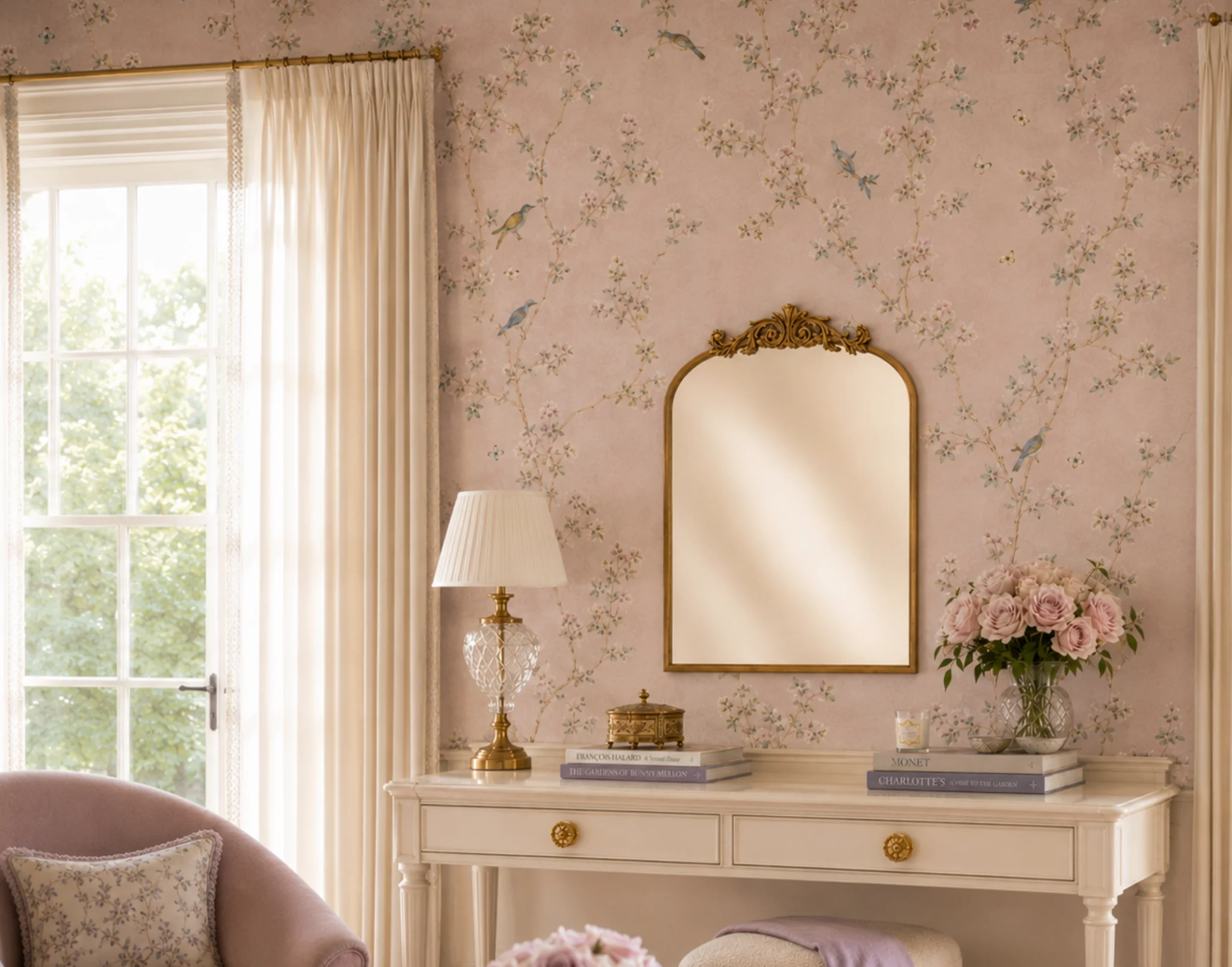 Soft, garden-inspired Floriss interior featuring the Fleurair smart mirror with an antique gold frame above a white console table, surrounded by blush florals, warm light, and delicate botanical wallpaper, creating a calming and sensory-friendly atmosphere for beautifully wired minds