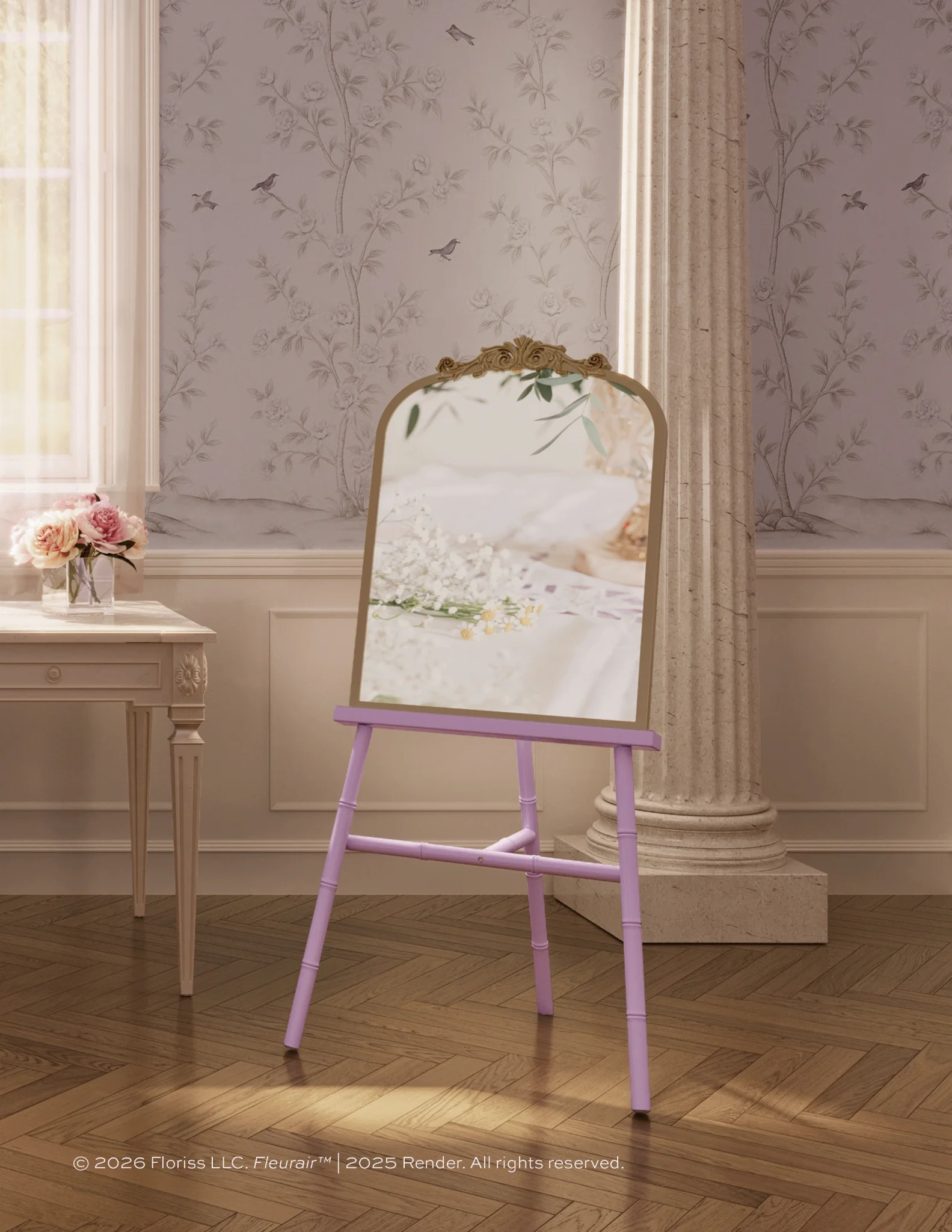 Fleurair smart mirror by Floriss. Gold framed mirror is mounted on a lilac easel in an elegant, garden-inspired office interior, reflecting soft florals and designed as a neuro-affirming, sensory-friendly smart mirror for beautifully wired minds