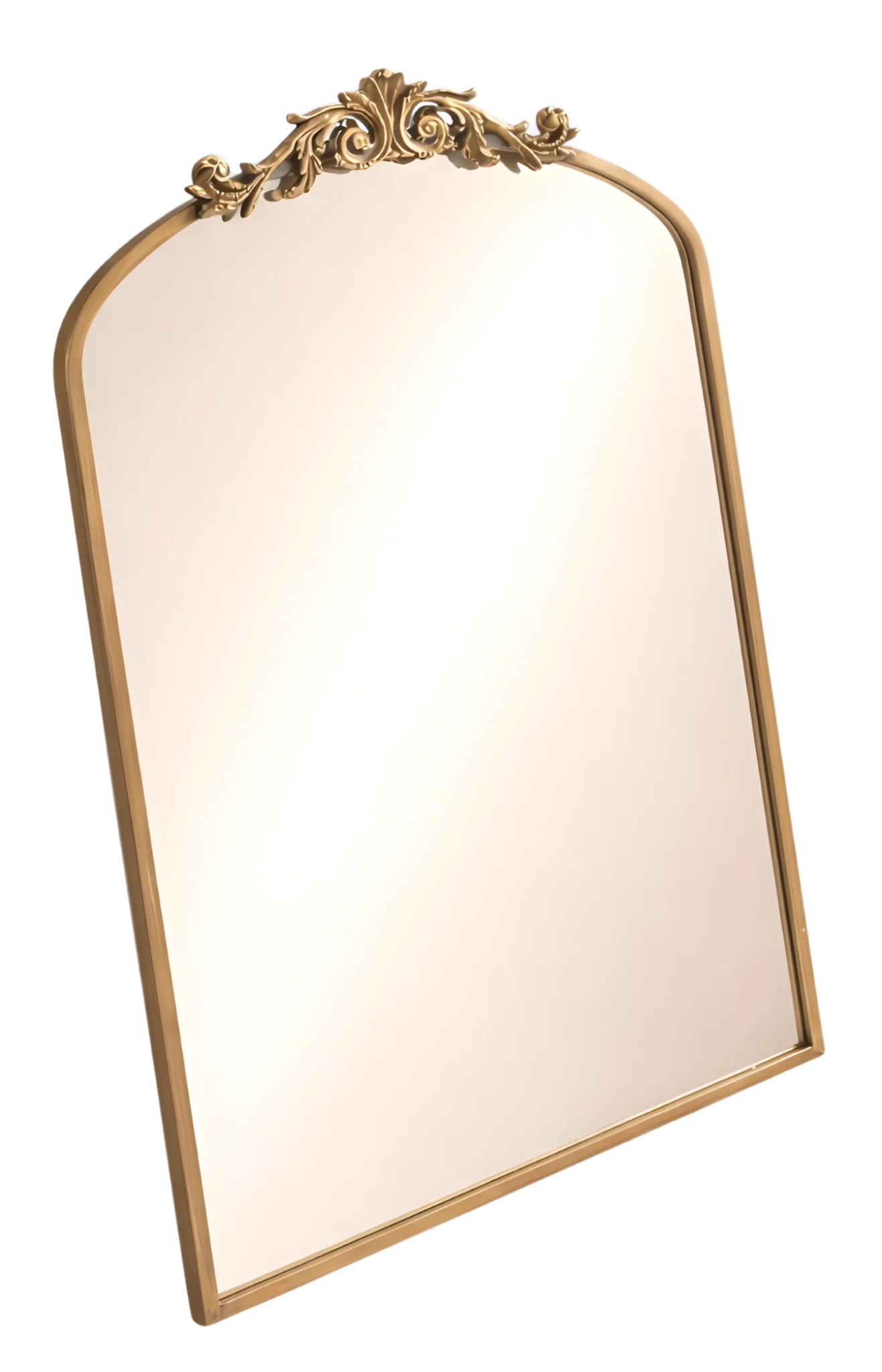 Fleurair smart mirror with an antique gold frame and arched silhouette, designed by Floriss as a neuro-affirming, beautifully integrated interactive display for everyday rhythm and wellbeing
