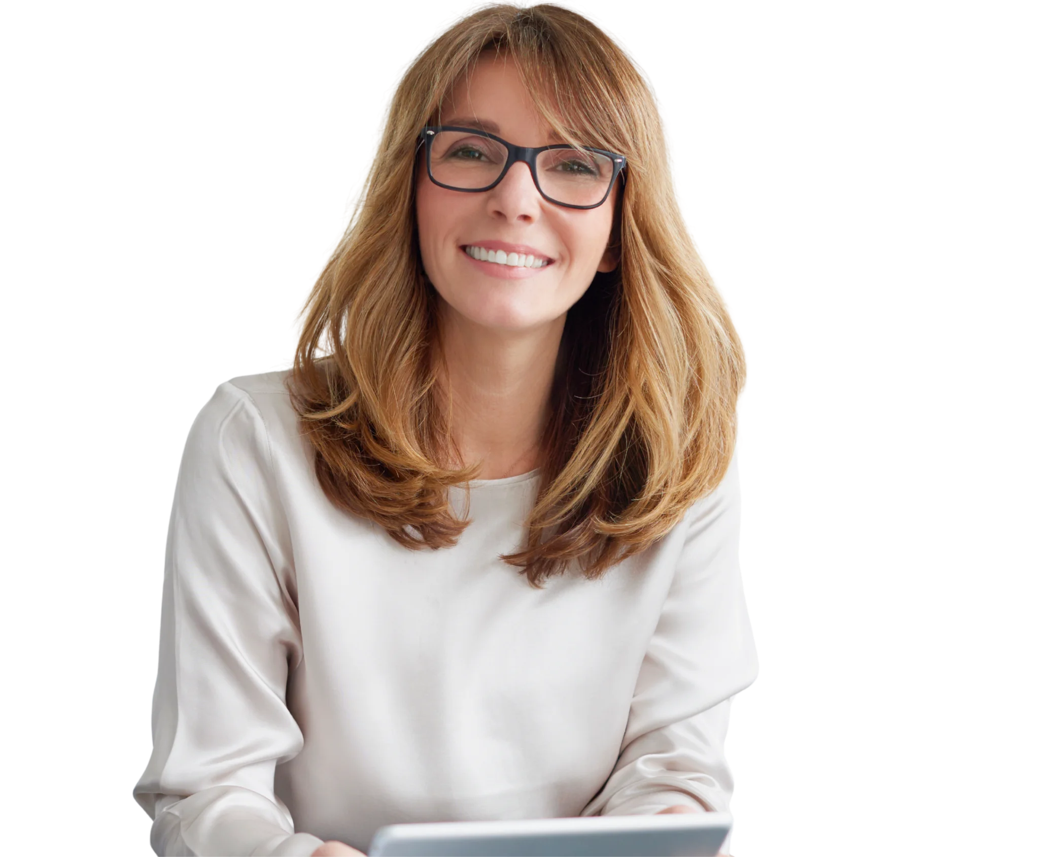 Smiling woman with glasses holding a tablet representing Fleurair Guides, an in-display support feature for neurodivergent women on the Fleurair neuro-affirming smart mirror